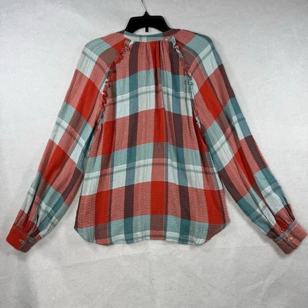 Anthropologie Pilcro Breezy Button down Plaid Blouse Women Medium Red Oversized - Picture 11 of 13